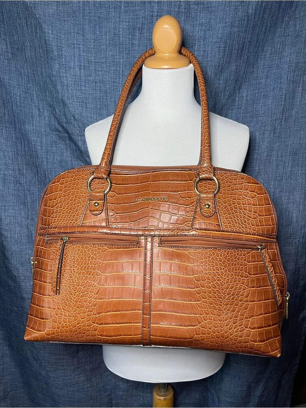 Liz Claiborne Cognac Croc-Embossed Tote with Dual Zip Pockets